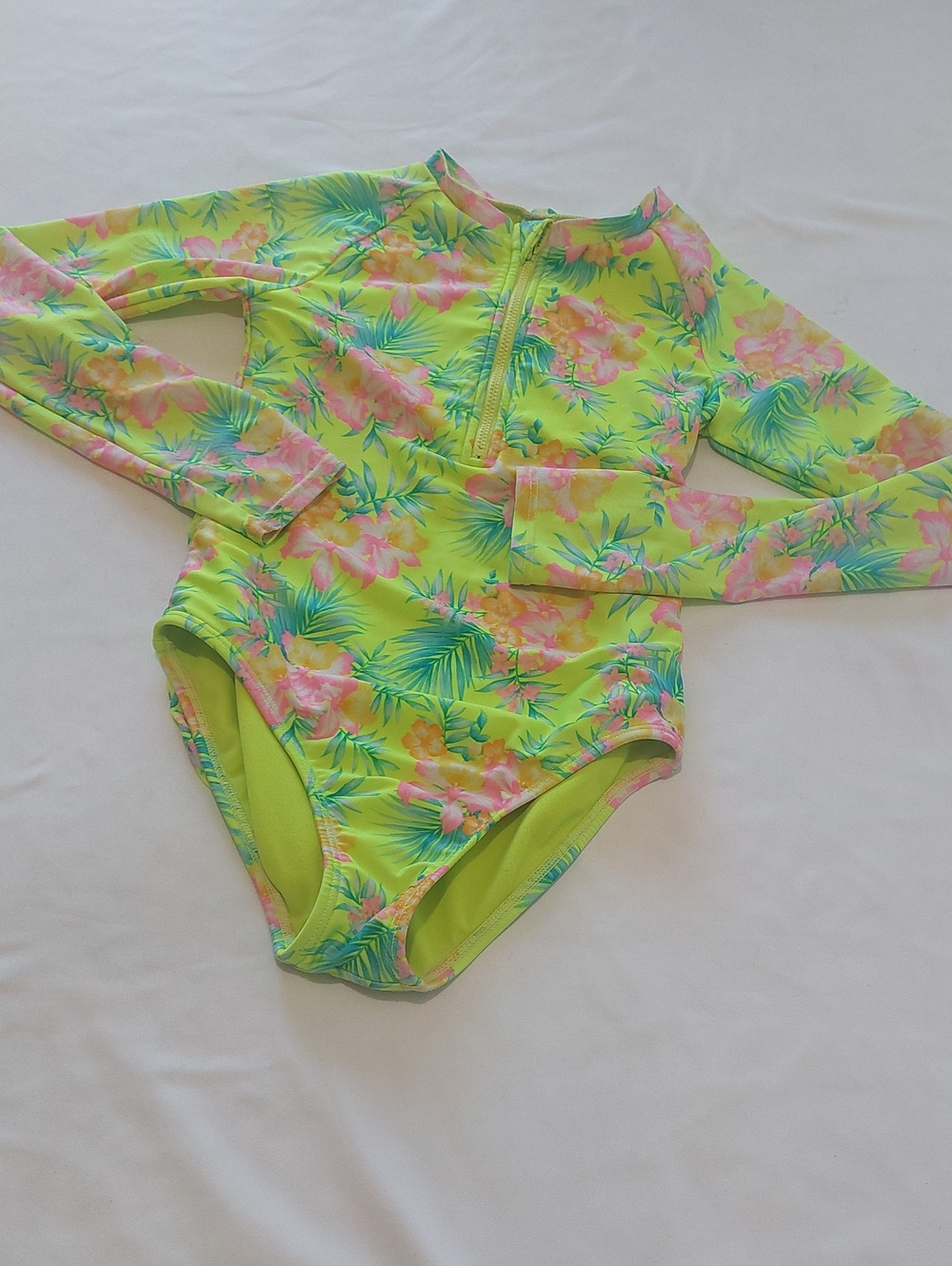 Cat & Jack Neon Yellow Floral Long-Sleeve One-Piece Swimsuit